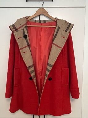 Coral Hooded Synthetic Boiled Wool Coat with Plaid Trim